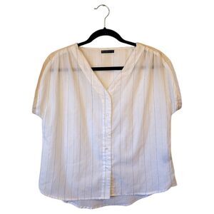 Skatie White Metallic Stripe 100% Cotton Button Down Shirt Women's Size S